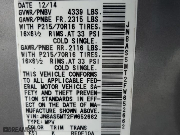 2015 Nissan Rogue Select S with VIN JN8AS5MT2FW652662, listed as a Copart auction lot 51217575 with 0 mi miles and Non Repairable. Bid and sale history available at carsss.com. Image 16.