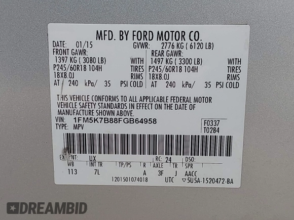 2015 Ford Explorer с VIN 1FM5K7B88FGB64958, выставлен на аукционе IAAI как лот 42263069 с пробегом 159 250 миль миль и . История ставок и продаж доступна на DreamBid. Изображение 9.