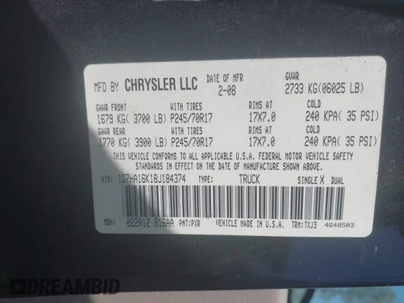 2008 Dodge 1500 ST with VIN 1D7HA16K18J184374, listed as a IAAI auction lot 42075077 with 255,978 mi miles and . Bid and sale history available at DreamBid. Image 9.