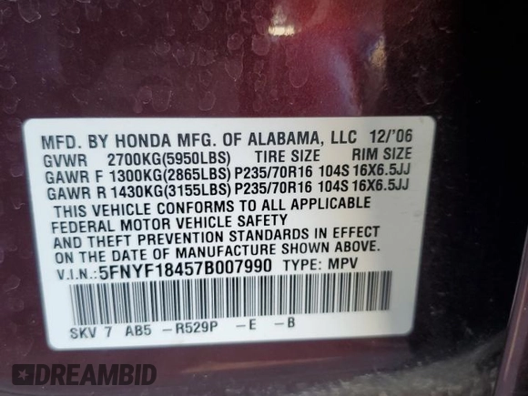 2007 Honda Pilot EX with VIN 5FNYF18457B007990, listed as a Copart auction lot 52753905 with 166,027 mi miles and Salvage Title. Bid and sale history available at DreamBid. Image 15.