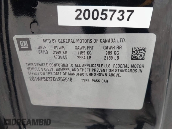 2013 Chevrolet Impala LS with VIN 2G1WF5E37D1255918, listed as a IAAI auction lot 42076395 with 118,131 mi miles and . Bid and sale history available at DreamBid. Image 9.