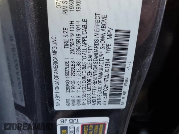 2021 Acura RDX with VIN 5J8TC2H37ML001814, listed as a Copart auction lot 83793424 with 66,613 mi miles and Salvage Title. Bid and sale history available at carsss.com. Image 12.