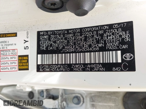 2017 Toyota Prius Two with VIN JTDKBRFU5H3044068, listed as a IAAI auction lot 42462917 with 116,261 mi miles and . Bid and sale history available at DreamBid. Image 9.