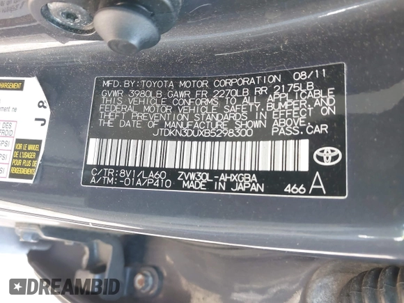 2011 Toyota Prius I with VIN JTDKN3DUXB5298300, listed as a IAAI auction lot 41988147 with 182,138 mi miles. Bid and sale history available at carsss.com. Image 9.