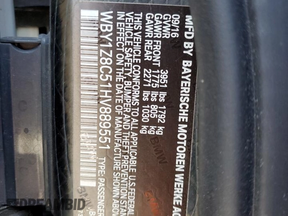 2017 BMW i3 with VIN WBY1Z8C51HV889551, listed as a Copart auction lot 57327875 with 65,437 mi miles and Salvage title. Bid and sale history available at DreamBid. Image 13.