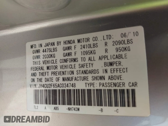 2010 Acura TSX with VIN JH4CU2F65AC034748, listed as a IAAI auction lot 42533805 with 95,625 mi miles and . Bid and sale history available at DreamBid. Image 9.