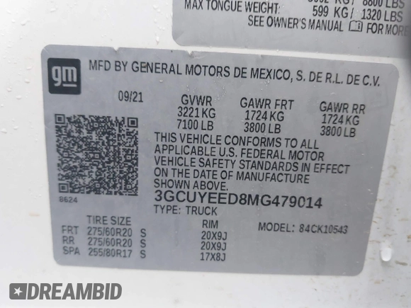 2021 Chevrolet Silverado 1500 RST with VIN 3GCUYEED8MG479014, listed as a IAAI auction lot 41405943 with 62,977 mi miles. Bid and sale history available at carsss.com. Image 9.