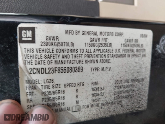 2005 Chevrolet Equinox LS z VIN 2CNDL23F856080369, wystawiony jako IAAI lot #42395883 z przebiegiem 89 821 mil mil oraz . Historia ofert i sprzedaży dostępna na DreamBid. Obrazek 9.