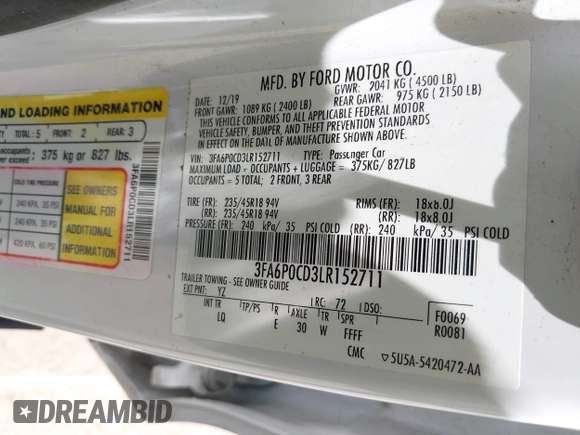2020 Ford Fusion SEL with VIN 3FA6P0CD3LR152711, listed as a IAAI auction lot 42516763 with 97,073 mi miles and . Bid and sale history available at DreamBid. Image 9.