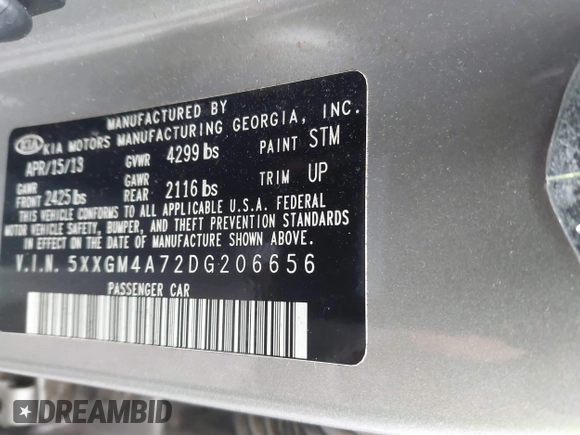 2013 Kia Optima LX with VIN 5XXGM4A72DG206656, listed as a IAAI auction lot 41514906 with 167,324 mi miles. Bid and sale history available at carsss.com. Image 9.