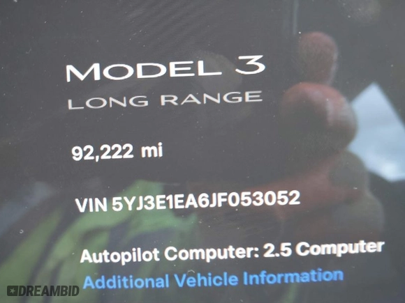 2018 Tesla Model 3 Long Range Battery with VIN 5YJ3E1EA6JF053052, listed as a IAAI auction lot 41765978 with 92,222 mi miles. Bid and sale history available at carsss.com. Image 7.