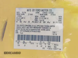 2007 Ford Ranger XLT with VIN 1FTZR45EX7PA03160, listed as a IAAI auction lot 41410265 with 118,550 mi miles. Bid and sale history available at carsss.com. Image 9.