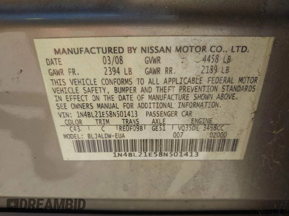 2008 Nissan Altima SL z VIN 1N4BL21E58N501413, wystawiony jako IAAI lot #42431053 z przebiegiem 190 253 mil mil oraz . Historia ofert i sprzedaży dostępna na DreamBid. Obrazek 9.