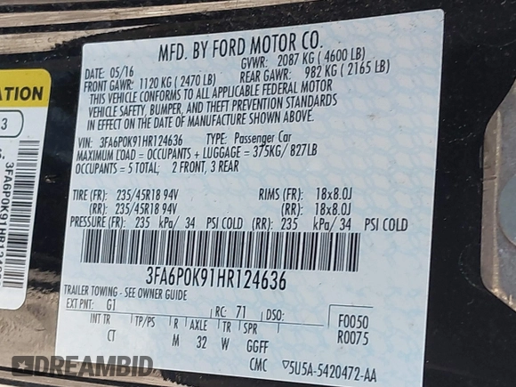 2017 Ford Fusion Titanium with VIN 3FA6P0K91HR124636, listed as a IAAI auction lot 41825469 with 47,889 mi miles. Bid and sale history available at carsss.com. Image 9.