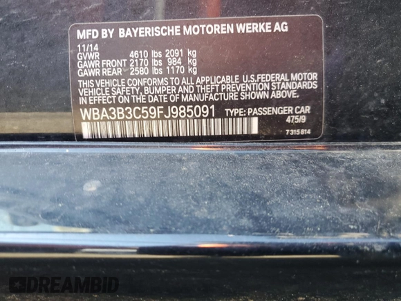 2015 BMW 3 Series 328i xDrive with VIN WBA3B3C59FJ985091, listed as a Copart auction lot 57658705 with 106,521 mi miles and Salvage title. Bid and sale history available at DreamBid. Image 12.