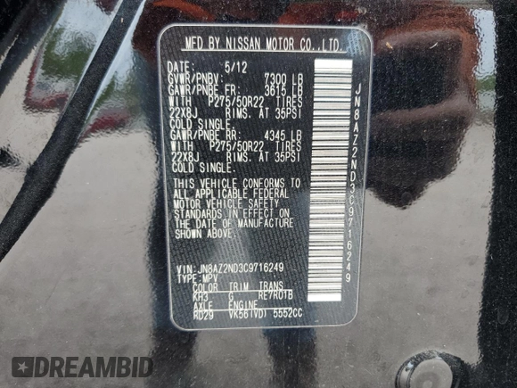 2012 Infiniti QX56 8-passenger with VIN JN8AZ2ND3C9716249, listed as a Copart auction lot 75364924 with 0 mi miles and Clean Title. Bid and sale history available at carsss.com. Image 13.