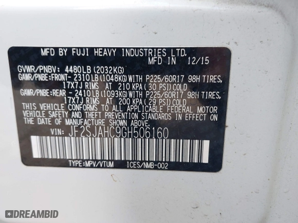 2016 Subaru Forester 2.5i Limited with VIN JF2SJAHC9GH506160, listed as a IAAI auction lot 41500826 with 189,701 mi miles. Bid and sale history available at carsss.com. Image 9.