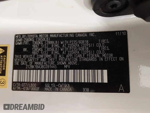 2011 Lexus RX 350 with VIN 2T2BK1BA3BC091445, listed as a IAAI auction lot 42104442 with 147,962 mi miles and . Bid and sale history available at DreamBid. Image 9.