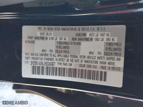 2018 Mazda Mazda3 4-Door Grand Touring with VIN 3MZBN1W34JM224997, listed as a IAAI auction lot 41421875 with 49,233 mi miles. Bid and sale history available at carsss.com. Image 9.