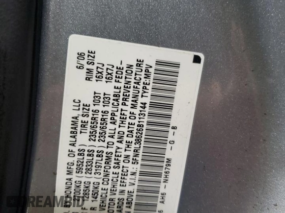 2006 Honda Odyssey EX-L с VIN 5FNRL38626B113144, выставлен на аукционе Copart как лот 50885005 с пробегом 127 231 миль миль и Списание • Salvage title. История ставок и продаж доступна на DreamBid. Изображение 12.