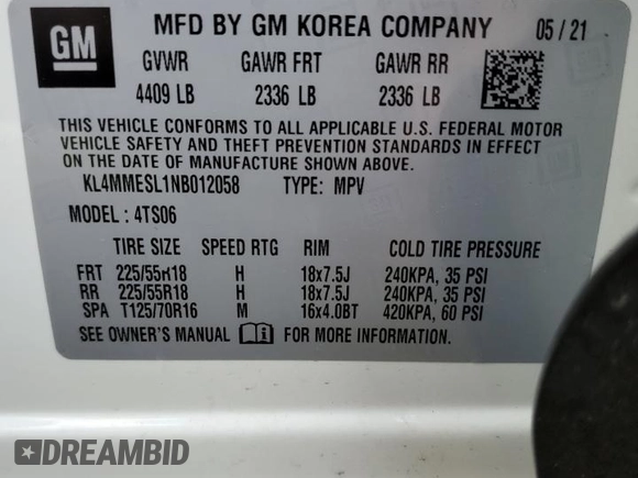 2022 Buick Encore GX Select with VIN KL4MMESL1NB012058, listed as a Copart auction lot 53229785 with 33,928 mi miles and Salvage title. Bid and sale history available at DreamBid. Image 12.