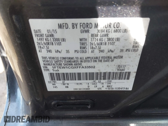 2015 Ford F-150 XL with VIN 1FTEW1CGXFFA33502, listed as a IAAI auction lot 41833755 with 128,475 mi miles. Bid and sale history available at carsss.com. Image 9.