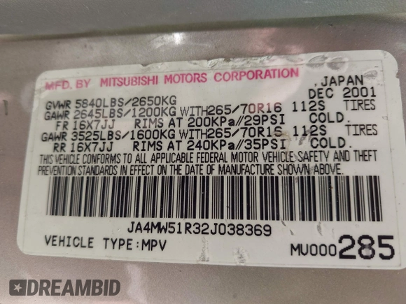 2002 Mitsubishi Montero Limited z VIN JA4MW51R32J038369, wystawiony jako IAAI lot #42309558 z przebiegiem 176 258 mil mil oraz . Historia ofert i sprzedaży dostępna na DreamBid. Obrazek 9.