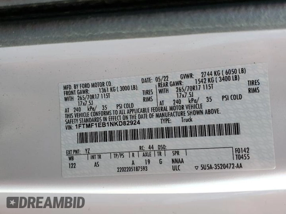 2022 Ford F-150 XL with VIN 1FTMF1EB1NKD82924, listed as a Copart auction lot 62689774 with 46,183 mi miles and Salvage title. Bid and sale history available at DreamBid. Image 12.