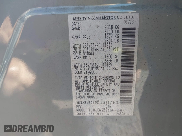 2023 Nissan Murano SV with VIN 5N1AZ2BJ5PC130761, listed as a IAAI auction lot 42055080 with 22,079 mi miles and . Bid and sale history available at DreamBid. Image 9.