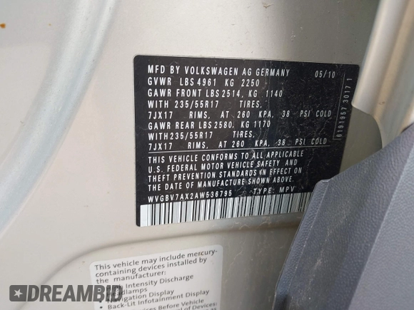 2010 Volkswagen Tiguan S z VIN WVGBV7AX2AW536795, wystawiony jako IAAI lot #42055276 z przebiegiem 184 847 mil mil oraz . Historia ofert i sprzedaży dostępna na DreamBid. Obrazek 9.