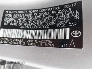 2012 Toyota Prius Two z VIN JTDZN3EU6C3100001, wystawiony jako IAAI lot #42080287 z przebiegiem 166 127 mil mil oraz . Historia ofert i sprzedaży dostępna na DreamBid. Obrazek 9.