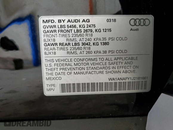 2018 Audi Q5 Premium with VIN WA1ANAFY1J2161661, listed as a Copart auction lot 55223385 with 60,554 mi miles and Salvage Title. Bid and sale history available at DreamBid. Image 14.