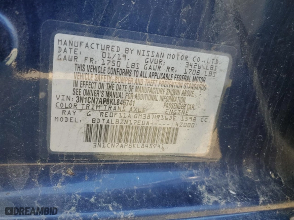 2019 Nissan Versa Sedan SV with VIN 3N1CN7AP8KL845741, listed as a Copart auction lot 53637475 with 116,782 mi miles and Salvage Title. Bid and sale history available at carsss.com. Image 12.