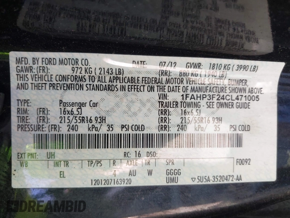 2012 Ford Focus SE with VIN 1FAHP3F24CL471005, listed as a IAAI auction lot 42726292 with 162,750 mi miles and . Bid and sale history available at DreamBid. Image 9.