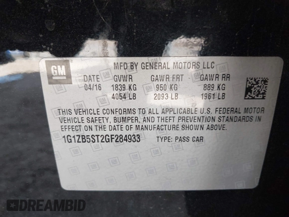 2016 Chevrolet Malibu LS with VIN 1G1ZB5ST2GF284933, listed as a IAAI auction lot 42074199 with 196,929 mi miles and . Bid and sale history available at DreamBid. Image 9.