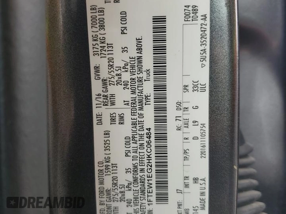 2017 Ford F-150 XL with VIN 1FTEW1EG2HKC06484, listed as a Copart auction lot 60051635 with 115,425 mi miles and Salvage title. Bid and sale history available at DreamBid. Image 12.