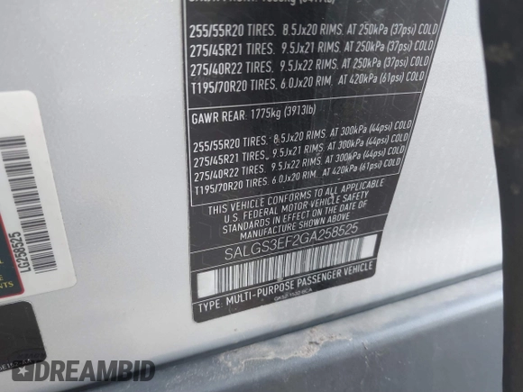 2016 Land Rover Range Rover Supercharged с VIN SALGS3EF2GA258525, выставлен на аукционе IAAI как лот 41506358 с пробегом 81 868 миль миль и . История ставок и продаж доступна на DreamBid. Изображение 9.