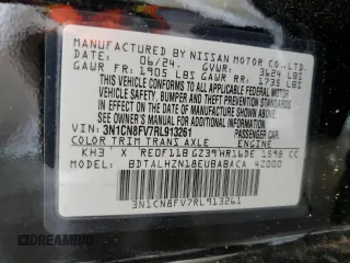 2024 Nissan Versa SR with VIN 3N1CN8FV7RL913261, listed as a Copart auction lot 61686375 with 28,654 mi miles and Clean title. Bid and sale history available at DreamBid. Image 12.