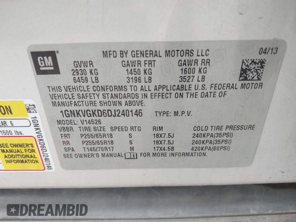 2013 Chevrolet Traverse LT with VIN 1GNKVGKD6DJ240146, listed as a IAAI auction lot 41665024 with 118,648 mi miles and . Bid and sale history available at DreamBid. Image 9.
