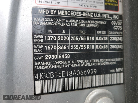 2008 Mercedes-Benz R 3.5L with VIN 4JGCB56E18A066999, listed as a Copart auction lot 44117725 with 123,238 mi miles and Salvage title. Bid and sale history available at DreamBid. Image 13.