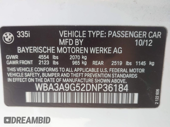 2013 BMW 3 Series 335i with VIN WBA3A9G52DNP36184, listed as a IAAI auction lot 42330629 with 120,377 mi miles and . Bid and sale history available at DreamBid. Image 9.