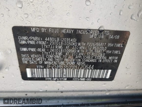 2009 Subaru Forester X with VIN JF2SH63699H720644, listed as a IAAI auction lot 42163727 with 141,503 mi miles and . Bid and sale history available at DreamBid. Image 9.