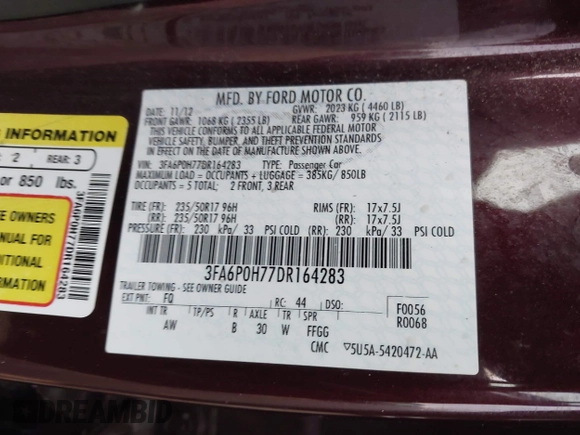 2013 Ford Fusion SE with VIN 3FA6P0H77DR164283, listed as a IAAI auction lot 41901200 with 148,147 mi miles. Bid and sale history available at carsss.com. Image 9.