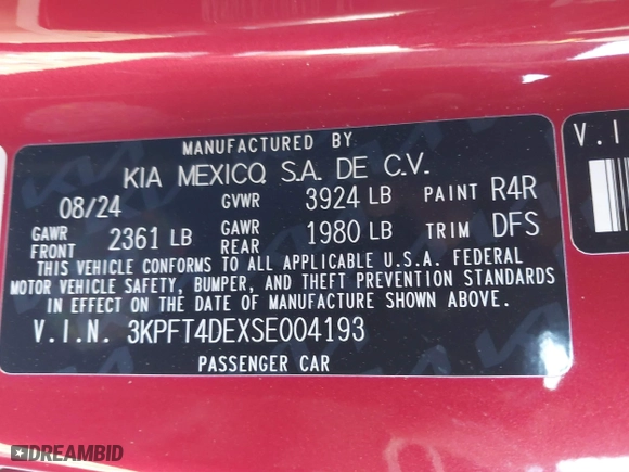 2025 Kia K4 LXS with VIN 3KPFT4DEXSE004193, listed as a IAAI auction lot 41293676 with 81 mi miles. Bid and sale history available at carsss.com. Image 9.