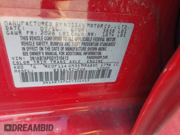 2016 Nissan Sentra SV with VIN 3N1AB7AP6GY316413, listed as a IAAI auction lot 37946452 with 142,632 mi miles and . Bid and sale history available at DreamBid. Image 9.