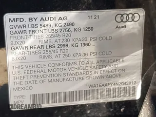2022 Audi Q5 S line Premium Plus with VIN WA1EAAFY4N2042912, listed as a IAAI auction lot 42673244 with 32,597 mi miles and . Bid and sale history available at DreamBid. Image 9.