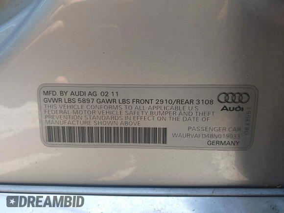 2011 Audi A8 with VIN WAURVAFD4BN019033, listed as a IAAI auction lot 42532173 with 97,486 mi miles and . Bid and sale history available at DreamBid. Image 9.