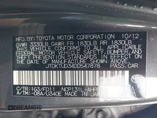 2013 Toyota Yaris L with VIN JTDKTUD34DD547878, listed as a IAAI auction lot 42108444 with 241,269 mi miles. Bid and sale history available at carsss.com. Image 9.