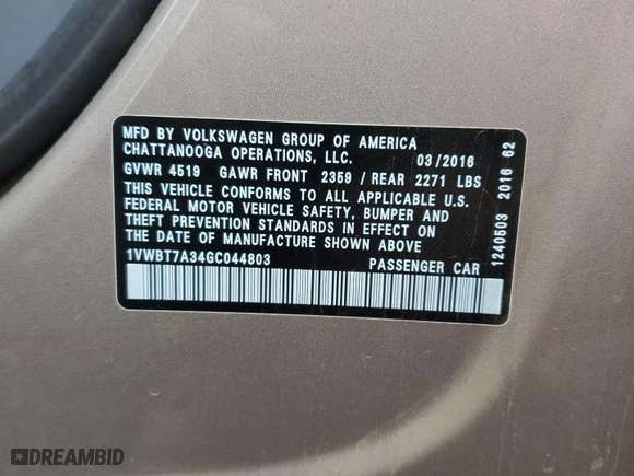 2016 Volkswagen Passat 1.8T SE with VIN 1VWBT7A34GC044803, listed as a Copart auction lot 82592564 with 68,540 mi miles and Salvage Title. Bid and sale history available at carsss.com. Image 14.