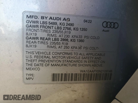2022 Audi Q5 S line Premium Plus with VIN WA1EAAFY0N2109148, listed as a Copart auction lot 46597205 with 31,851 mi miles and Salvage Title. Bid and sale history available at carsss.com. Image 13.